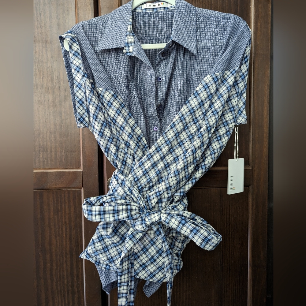 L.A.M.B Mix Media plaid wrap shirt.